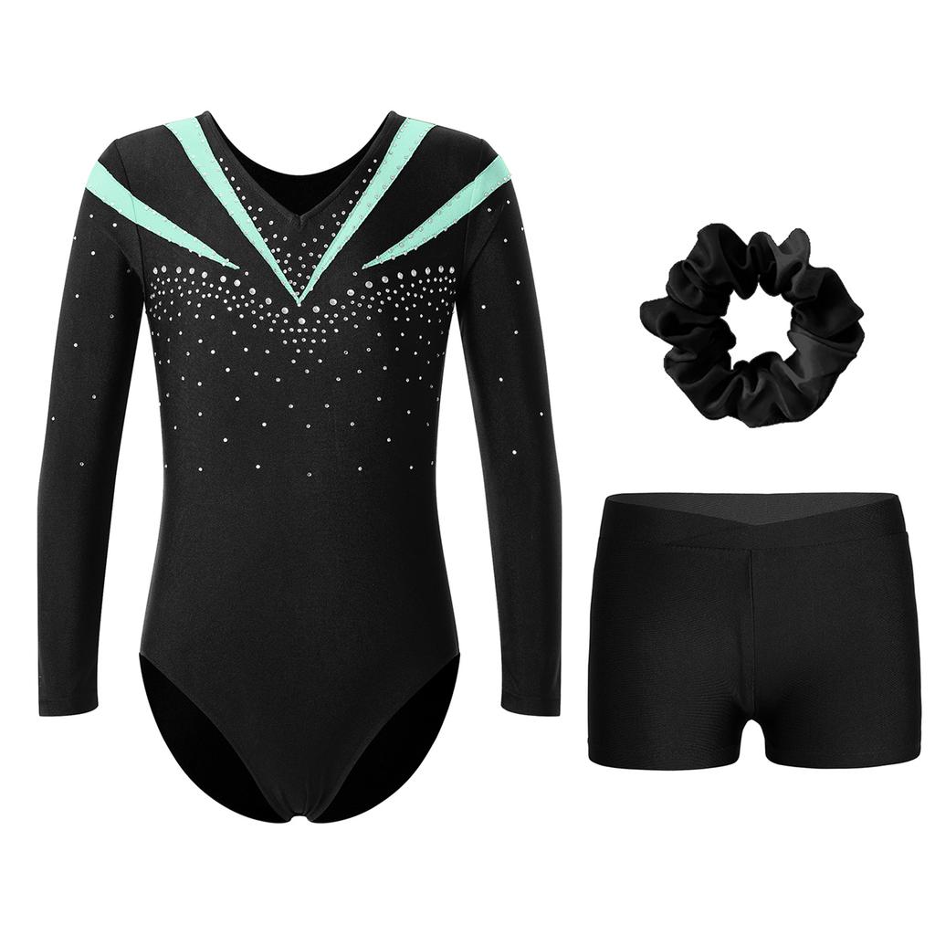 Girls Long Sleeve V Neck Rhinestones Contrast Color Leotard Waistband Shorts Hairband Dance Set