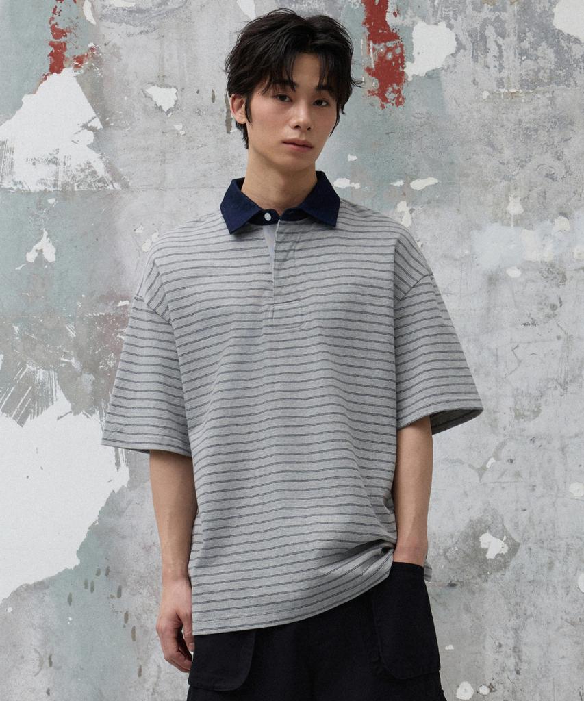 AGOD Contrast Denim Collar Stripe Half T-Shirt [Gray]