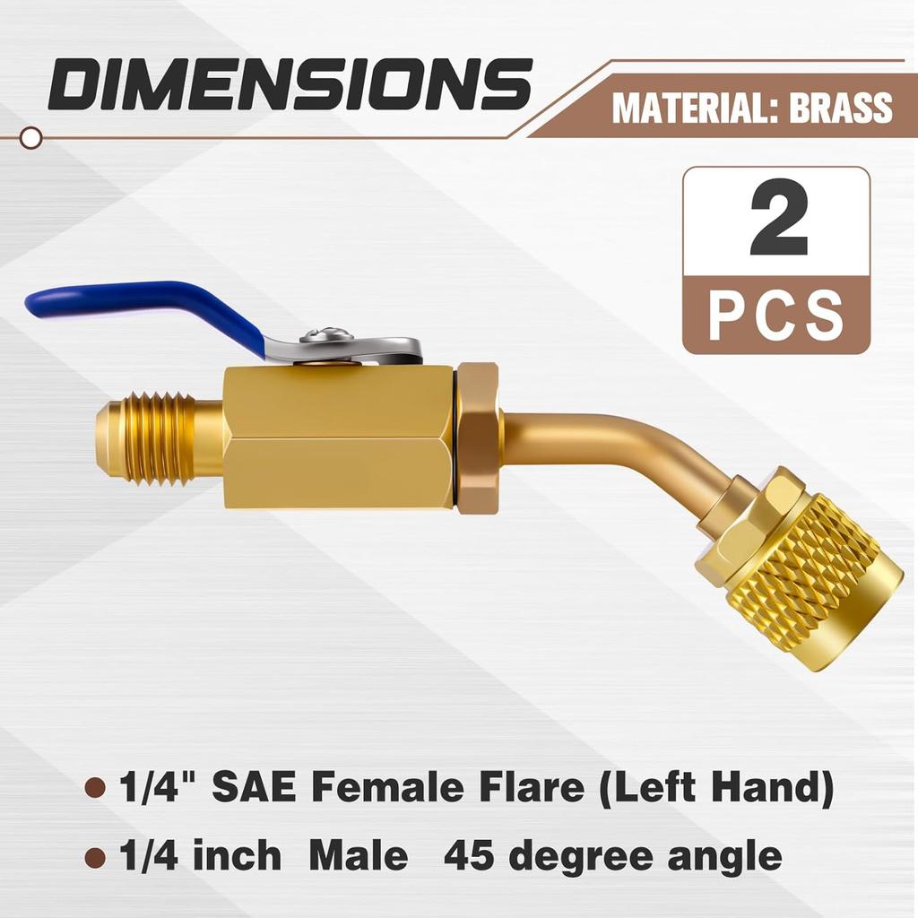 2 Pcs R32 R454B Refrigerant Adapter 1/4" Female Flare X 1/4" Male Flare Ball Valve Hose Adapter Brass Compact HVAC Low Loss Fittings for R32 R454B