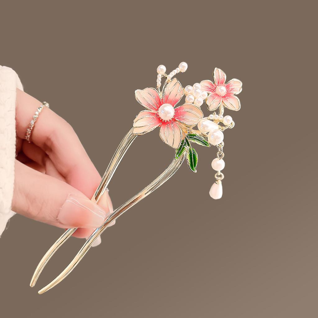 Weiß/Lila Emaille Blumen Haarnadeln Antiker Chinesischer Stil U-förmige Haarstäbe Elegant Damen Perlen Anhänger Haarschmuck