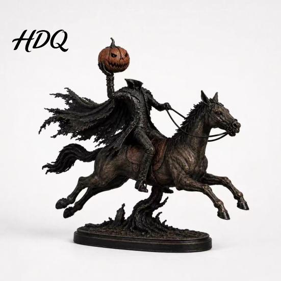 Miniature Warrior Figurine Halloween Knight On Horseback with Luminous Pumpkin Head Resin Figurine, Decorative Dark Gothic Home Decor Lighted