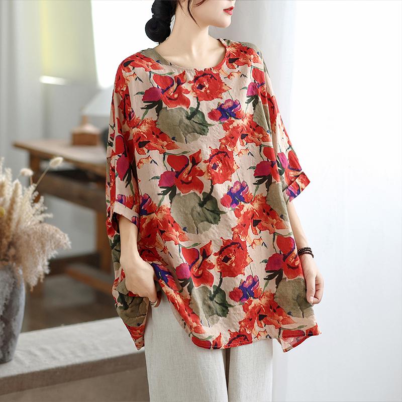 DIMANAF 2025 Plus Size Autumn New T-Shirt Women Flower Print Loose Casual O-Neck Lady Tops Tees Shirts Oversize