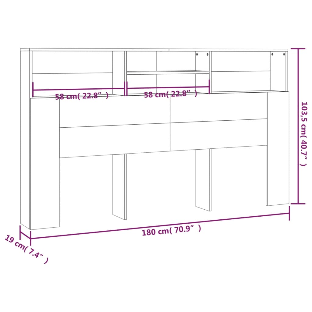 Bed Headboard with Shelves Black 180 x 19 x 103.5 cm