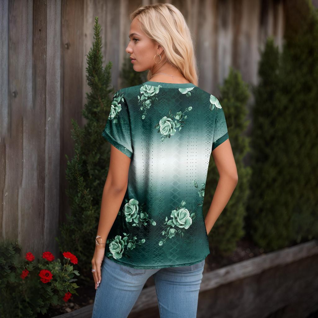 Womens Tops Short Sleeve V T-Shirt Blouse Dressy Causal Printing  Eyelet Embroidery Summer Fashion Clothes
