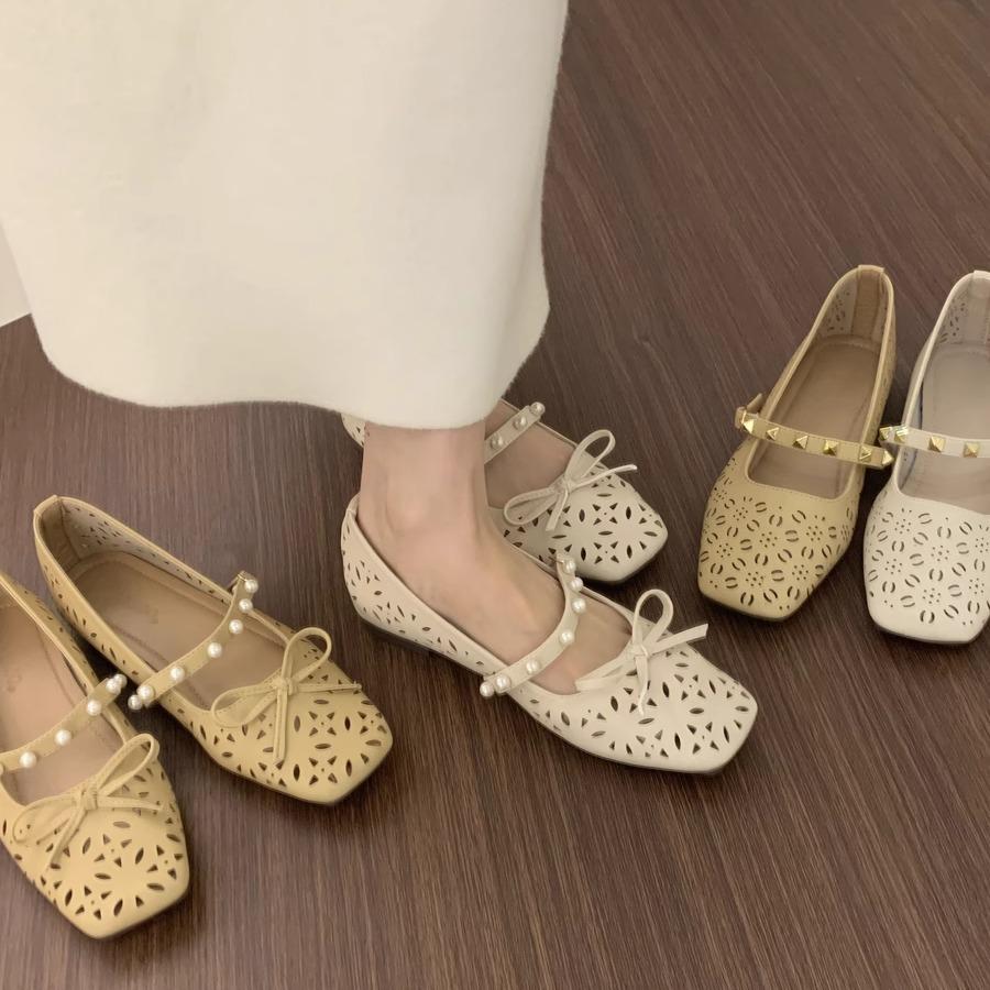 Versatile and Not Tired of Feet, One-word Buckle Strap, Square Head, Mary Jane Shoes, Fairy, Breathable, Hollowed Out, Flat-bottomed Ballet Single Sh