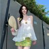 Vacation V-neck Suspender Embroidered Top Vest Women's Outer Wear Ruffle Edge Hollow Top Floral Skirt Set