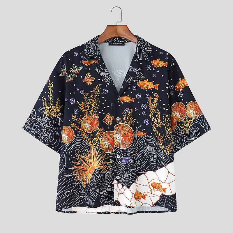 

INCERUN Oversized Men Lapel Neck Short Sleeve Floral Print Casual Loose Shirts S