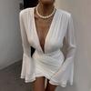 YJ2363 Autumn Temperament Flared Sleeve Hip Wrap Short Skirt European and American Style Fashion Deep V Long Sleeve Dress High Waist and Thin