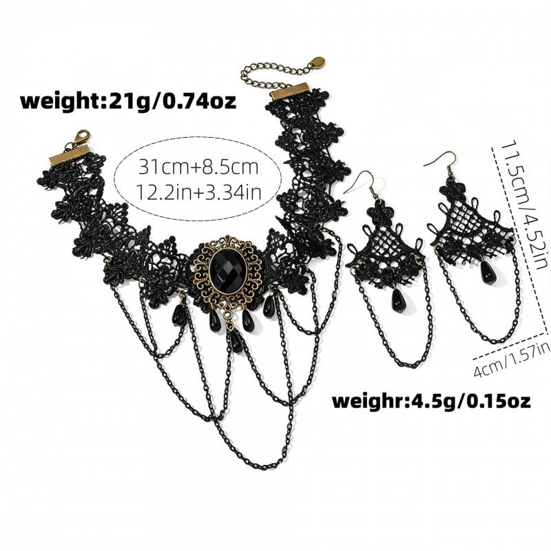 Vintage Lace Gothic Necklace Earring Set Women - Handmade Retro Floral Geometric Pendant Jewelry Accessories