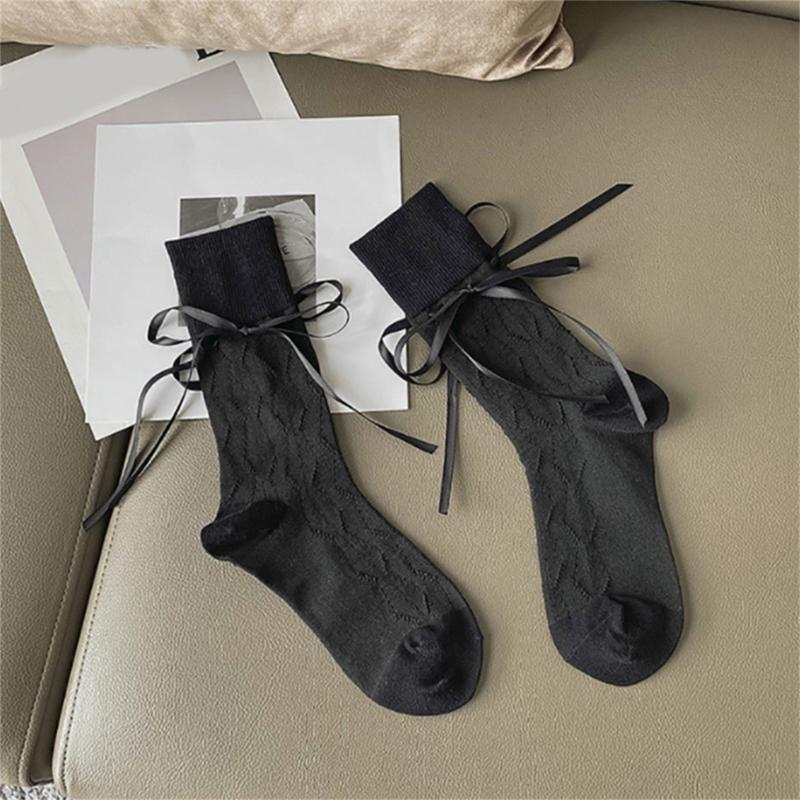 Summer Casual Ballet Style Sock Sweet Solid Color Bandage Cotton Bows Tie Hollows Stocking for Women Girl Summer