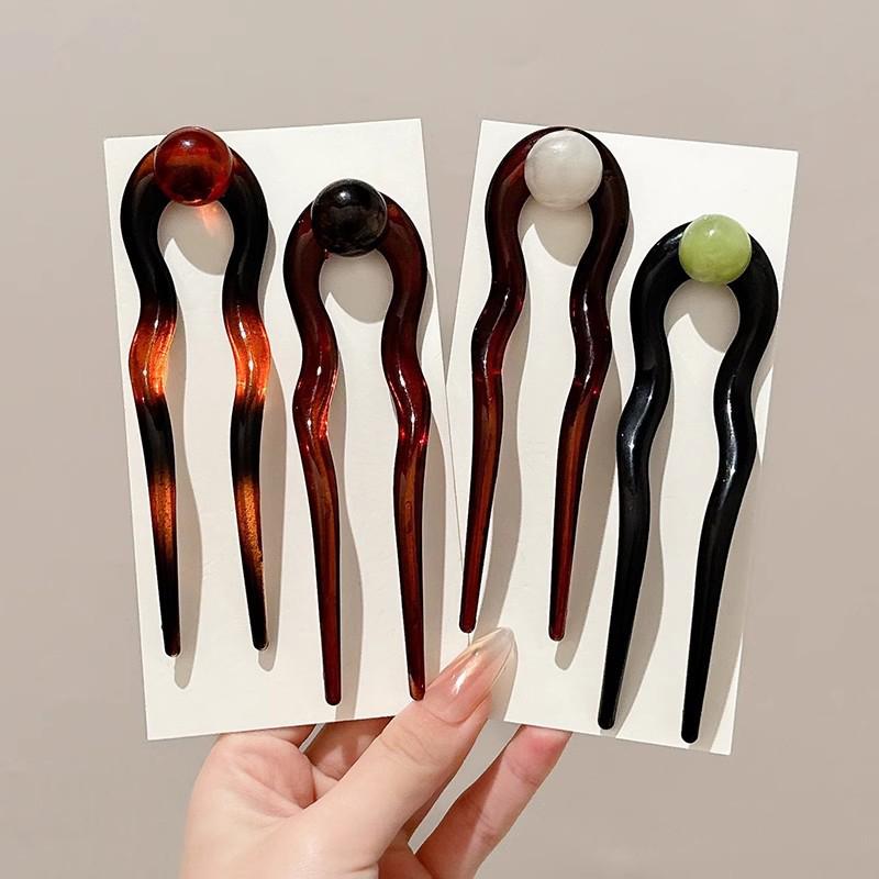 Chinesischer Stil Runde Perle U-förmige Haarnadel Retro Wellenförmige Haarstäbchen für Frauen Acryl Kopf Gewickelte Haare Haarnadel Zubehör