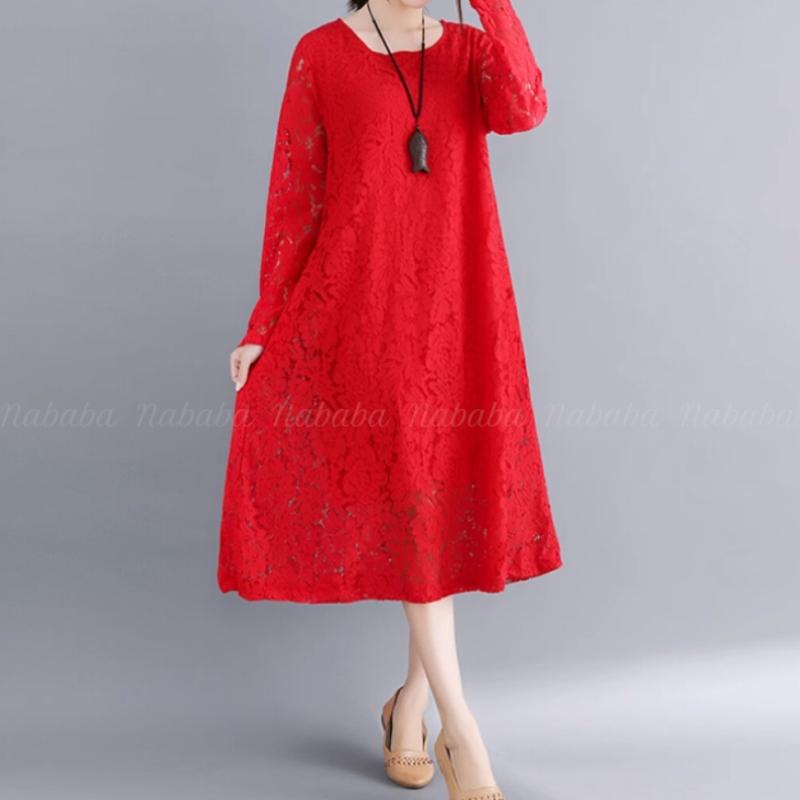 Vestido Navava Romântico de Renda com Gola Redonda e Manga Longa Nº 718