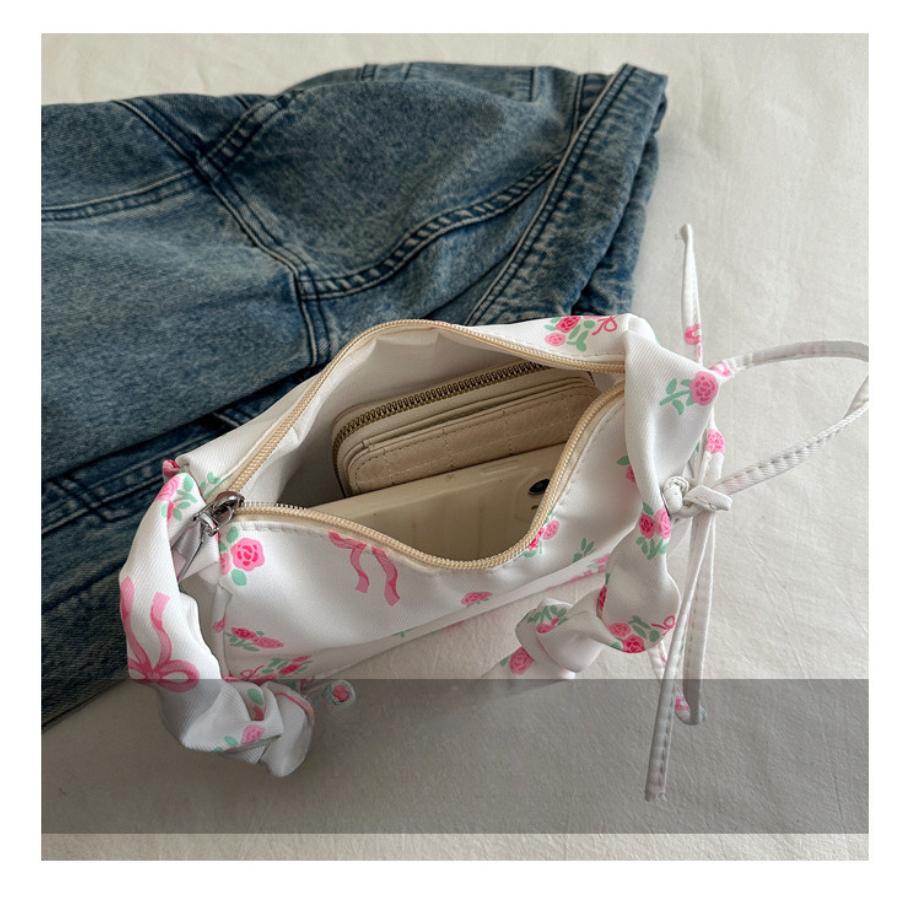 Women's Floral Print Drawstring Nylon Shoulder Bag, Sweet Style Bowknot Single Strap Handbag, Korean Fashion Casual Crossbody Purse