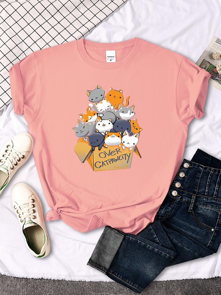 Womens Casual Creative Summer Tshirt with Cat Print New Round Neck Breathable Womens Aesthetic Clothes Summer Streetwear Y2K