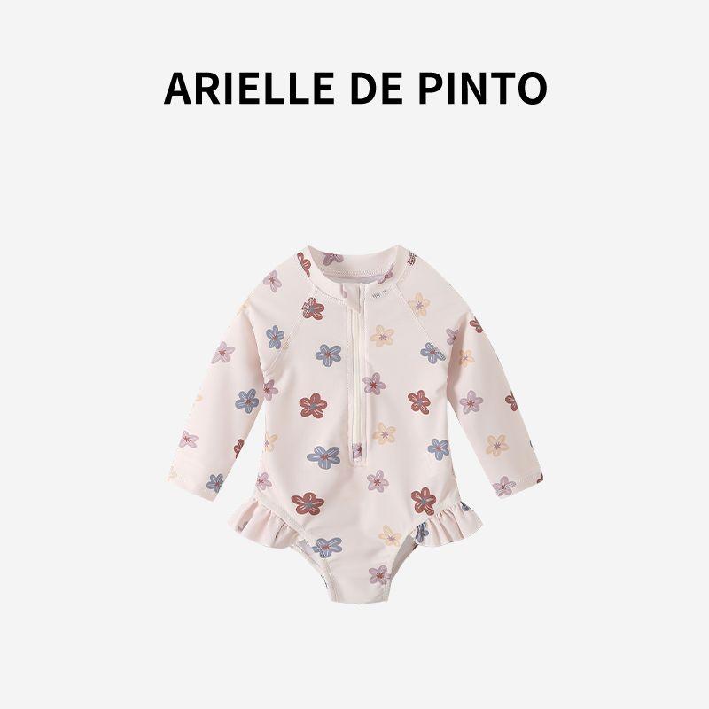French Arielle De Pinto Girls  Flower Long sleeve One-Piece Swimsuit Summer Clothing Seaside Vacation Sun Protection Swimsuit Pink 90