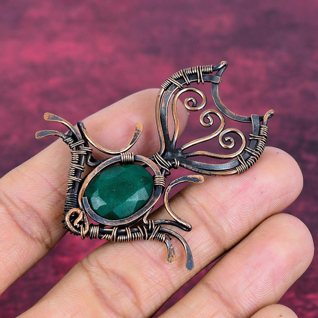 Faceted Zambian Emerald Pendant Copper Wire Wrap Gemstone Handmade Fish Jewelry