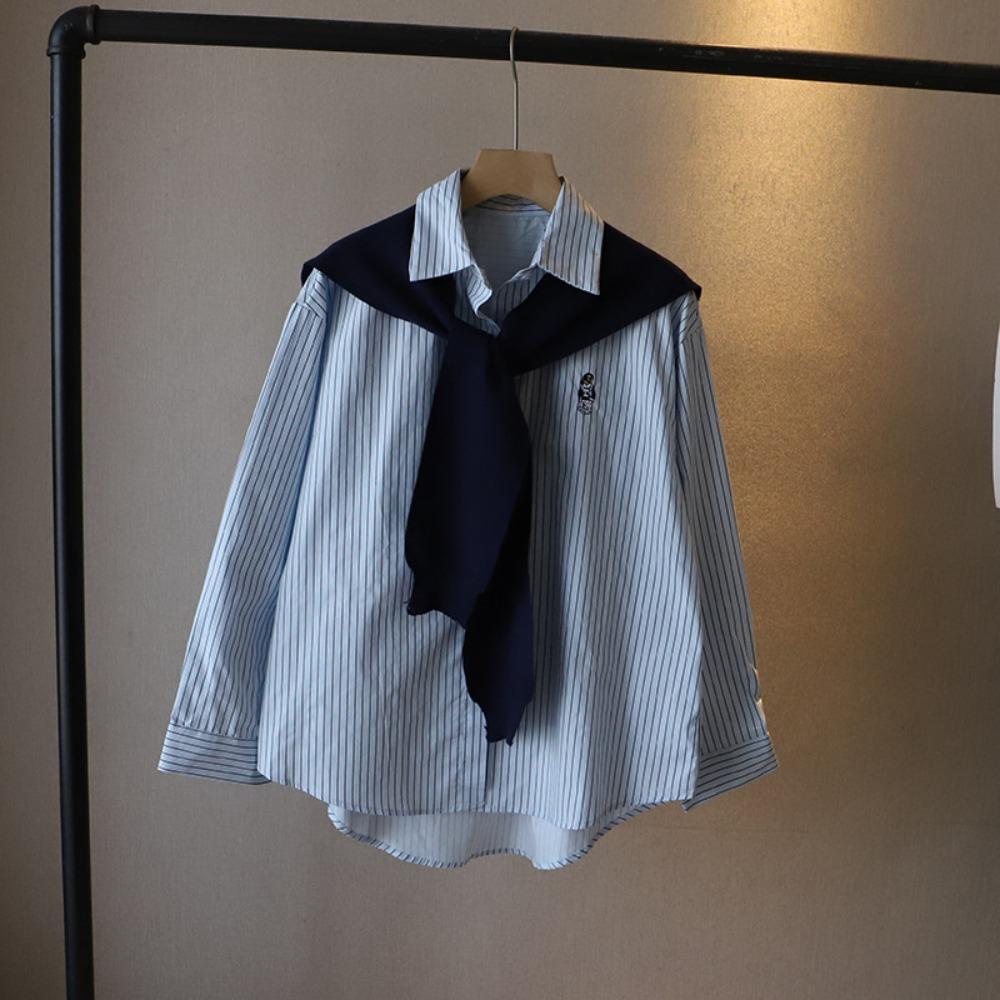 

Вышитые полосатые рубашки с изображением медведя для женщин, блузка с длинным рукавом на пуговицах, весна-осень синий