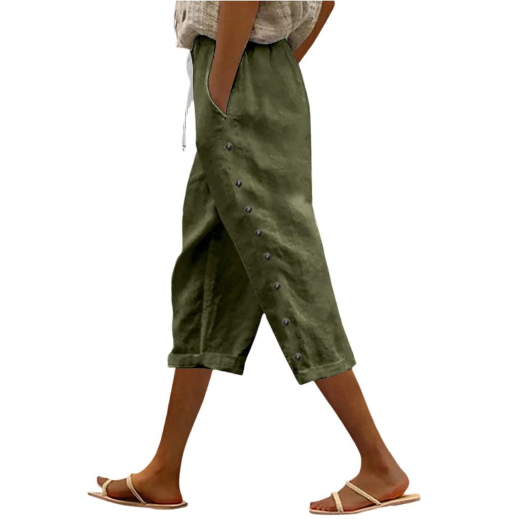 Women Casual Side Button Up Trendy Pants Baggy Elastic Waist Straight Leg Comfort Trousers With Pocket