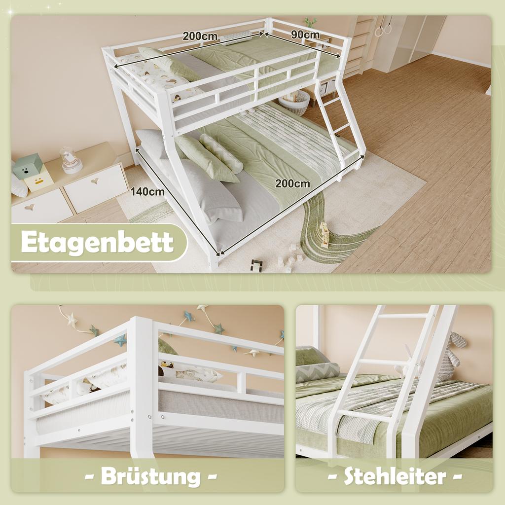 Etagenbett, 90*200 cm 140*200 cm, Rausfallschutz, Leiter, EN747 zertifiziert, ohne Matratze, Metall, weiß