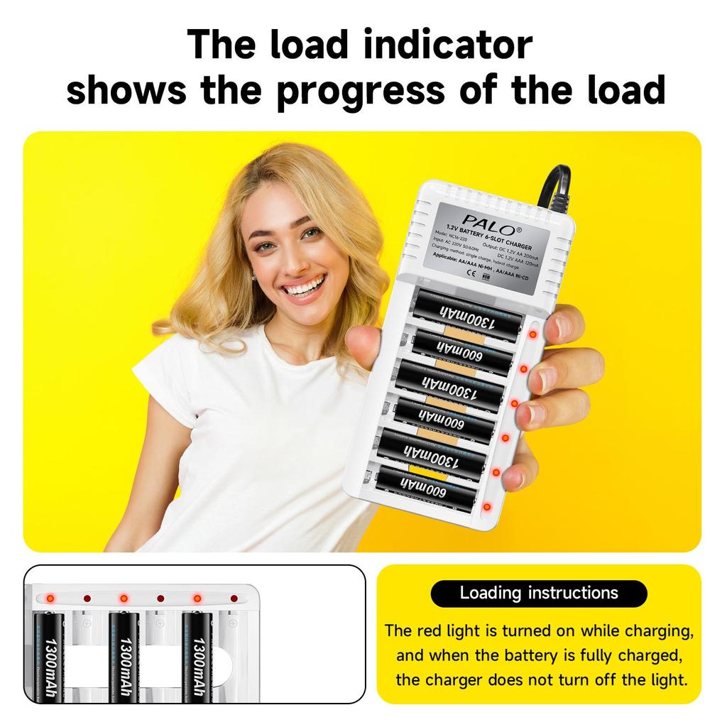 PALO Rechargeable Battery AA 1.2V Ni-MH Batteirse AA(HR6) 1300mAh and AAA(HR03) 600mAh NI-MH 2A/3A Rechargeable Batteries+6-slot charger