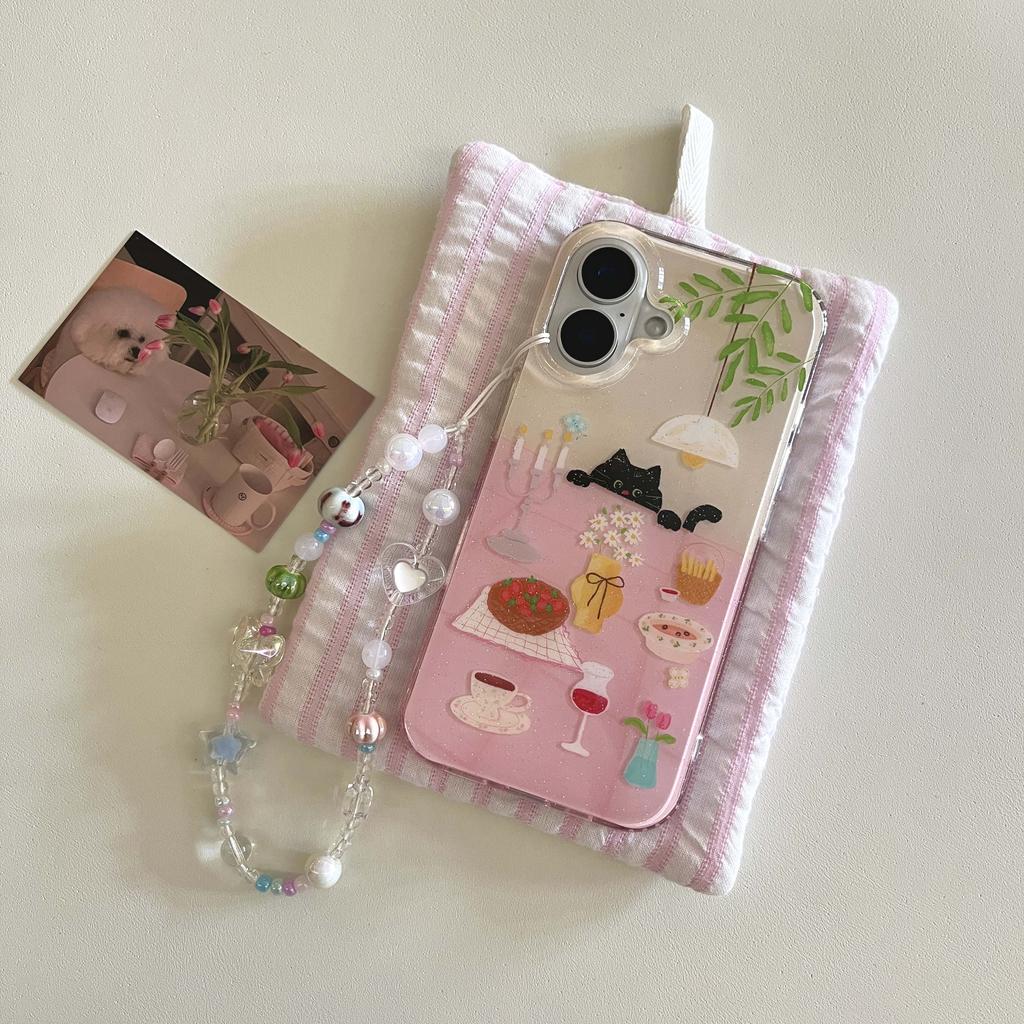 Imd shell glitter flower cherry cat back cover for iphone 15 16 pro max 13 14 promax cartoon bracelet phone case