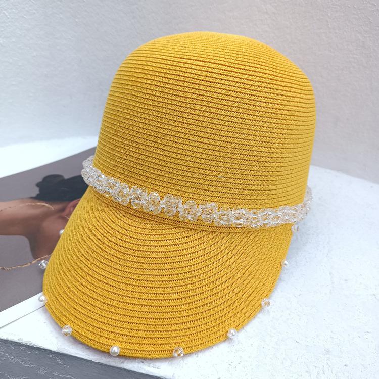 Pălărie ecvestră cu limbă de rață țesătă din paie cu perle de cristal Pălărie de paie de cavaler versatilă coreeană pentru femeie de vară Pălărie de soare la modă ocazională