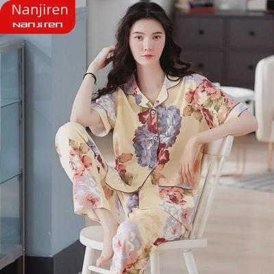 Women's 100% Cotton Short-Sleeve Pajama Set - Summer Homewear for Middle-Aged and Elderly