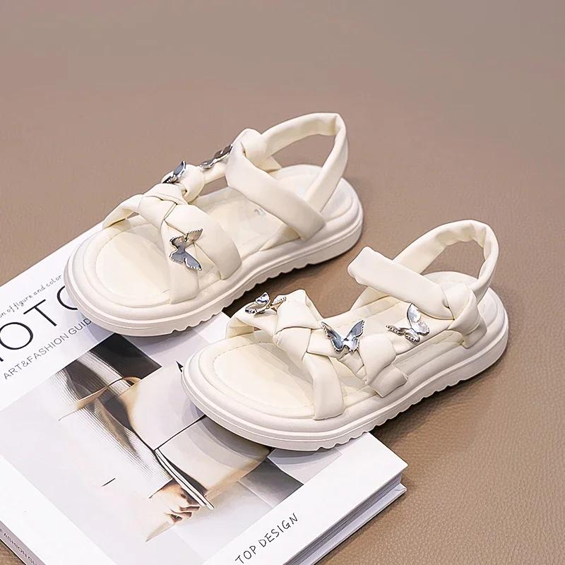 Girls Butterfly Sandals Princess Sweet Children New Trendy Chic Summer Beach Shoes Soft Beige Black with Metal Butterfly Cute
