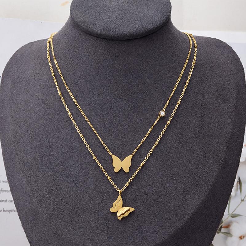 Edelstahl Gold Farbe Schmetterling Strass Halsketten Für Frauen 2 Schicht Halsband Trendy Neue Mode Geschenk Schmuck
