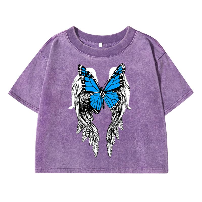 Butterfly Wings Printing Female Washed Short T Shirt Summer Casual Tshirt Street Top Fashion Midriff-Baring Distress Tee
