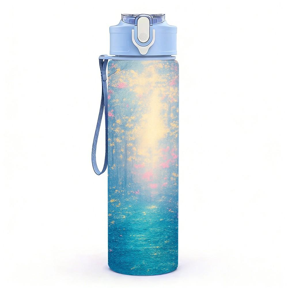 1PC Magical Misty Blue Forest Scenery Print 750ml Color Plastic Sports Water Bottle Leakproof Flip Straw Lid Suitable for Sports Office Home Use
