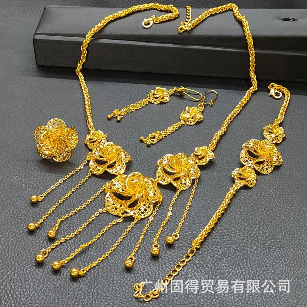 2023 Bestselling 24k Gold Flower Tassel Jewelry Set: Women's Necklace, Earrings, Bracelet & Ring for Weddings