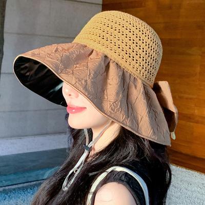 1PC Handmade Crochet Stylish Sunscreen Hat Straw Headwear Hollow Out UV Protection Large Brim Sun Cap Bow Shaped