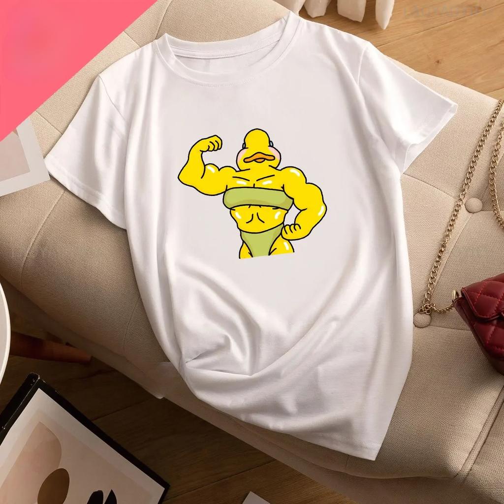 Funny Duck Print Casual Sports Printed T-shirt Women Round Neck Running Fitness Short Sleeves Tops Women's Activewear Fashion