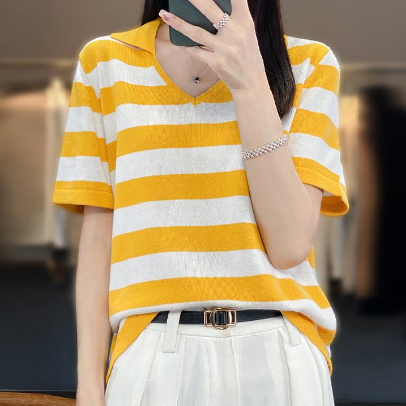 

Свитер из чистого хлопка с воротником поло, вязаный из ниток, футболка с коротким рукавом для женского лета, пуловер, уменьшающий возраст, топ с рукавом до локтя, свободный жилет большого размера S жёлтый