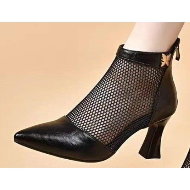 Soft Leather Sandals with Hollow Design, Cool Boots, New Pointed-toe High-heeled Shoes, Mesh Fabric Shoes