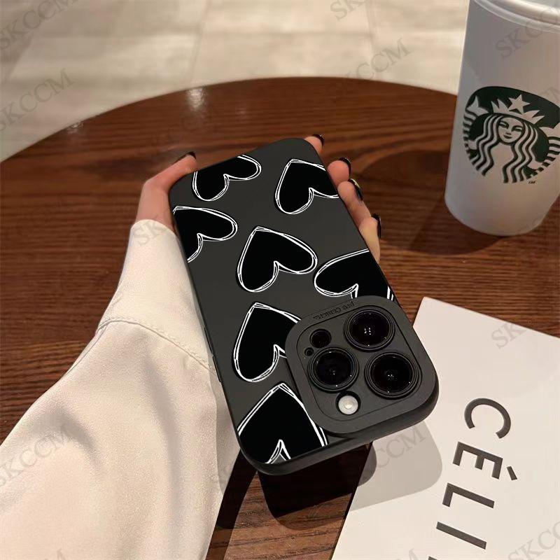 Luxury Black Love Heart Soft Silicone Phone Case For iPhone 15 14 13 12 11 Pro Max Mini XR X XS Max 7 8 Plus Shockproof Cover
