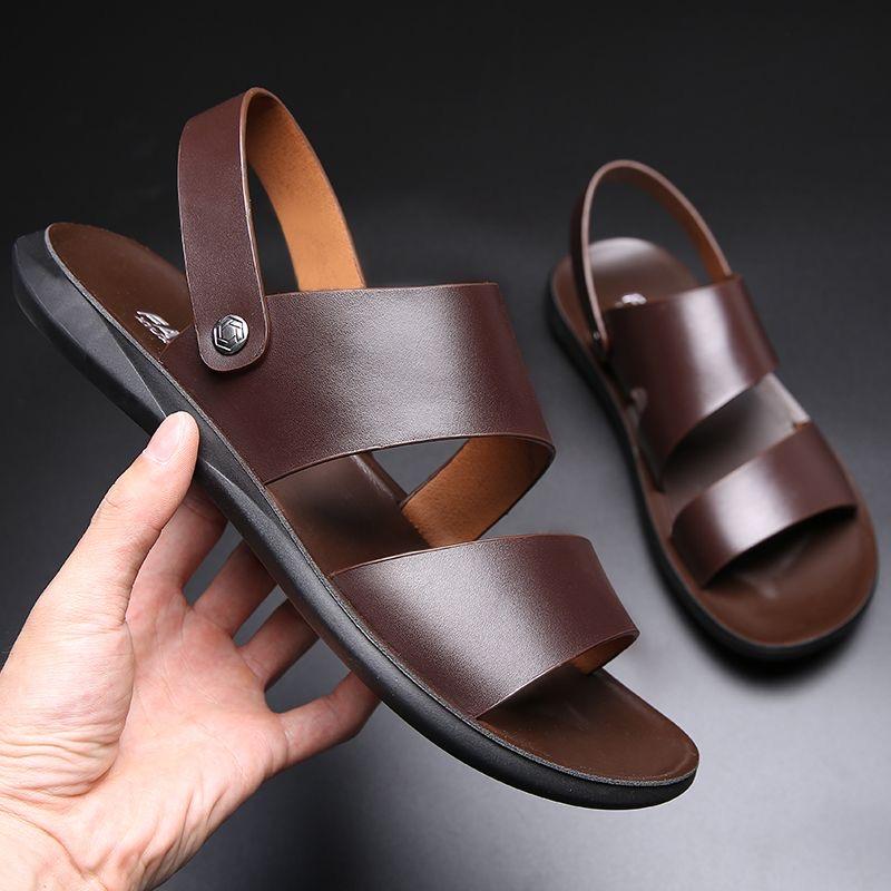 Men Black Leather Sandals Summer Brown Outdoor Hiking Sandals Wide Head Beach Shoes for Father Over Sized