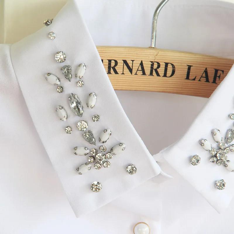 Fashion Women Fake Collar Shirt Beads Detachable Collars Chiffon Lapel Blouse Top Female White Clothes Decor