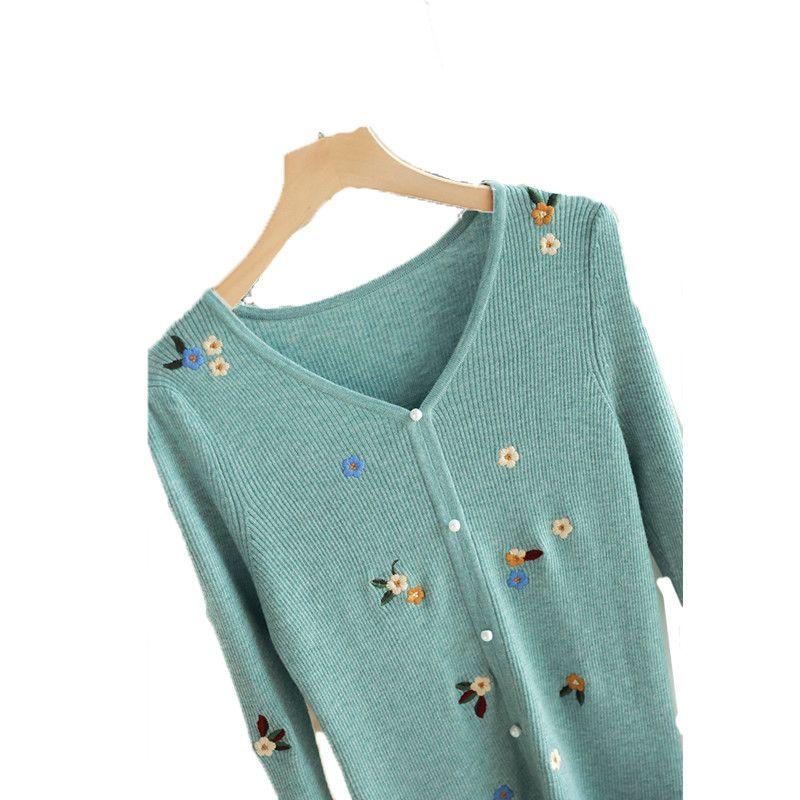 Automne Hiver Nouvelle Mode Col V Manches Longues Pulls Brodés Vêtements pour Femmes Décontracté Tout-Allant Simplicité Tops Tricotés