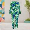 Women Plus Size Two Piece Set Round Neck Long Sleeve Tropical Leaf Printed Cuffed Top Cuffed Pants With Pockets