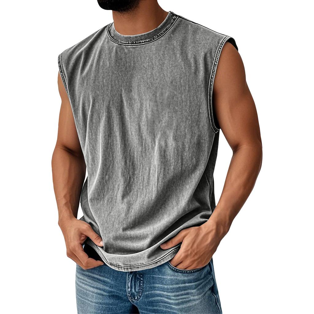 Men Sleeveless Washed Tank Top Casual Relaxed Fit Crew Neck Muscle Tee Athletic Workout Shirt for Everyday Wear