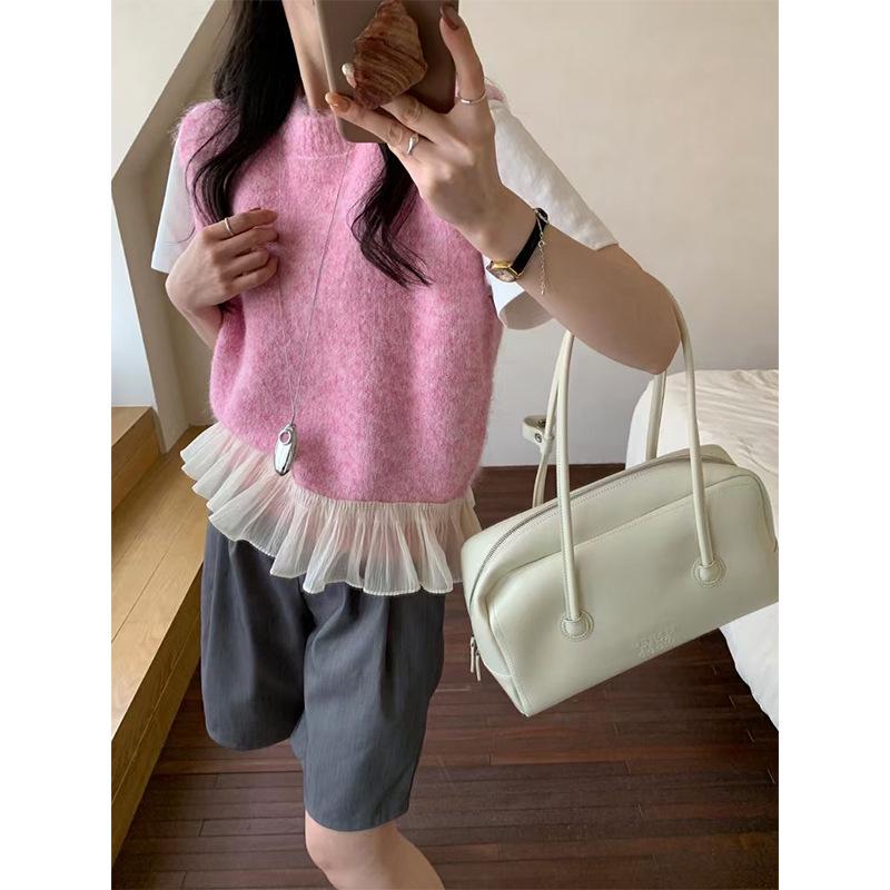 Korean Petite Lace Patchwork Knitted Sweater Vest