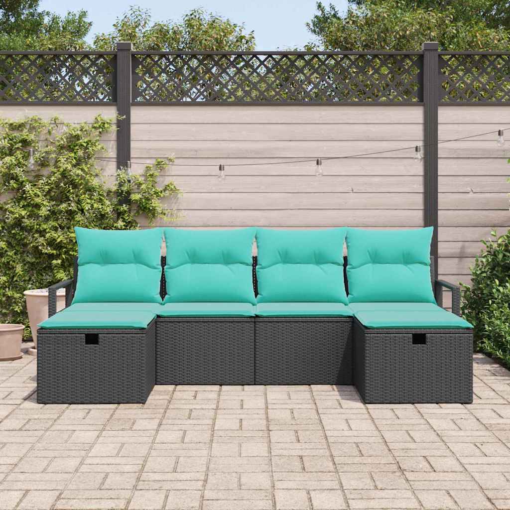 6 Piece Sofa Set with Cushions in Black and Turquoise Poly Rattan