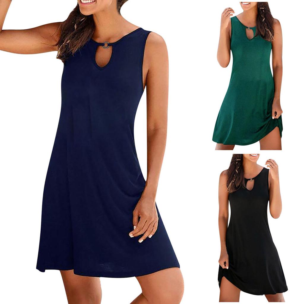 Women Summer  Soild Hollow Out Sleeveless Loose Tank Mid Dresses