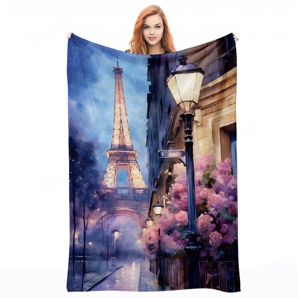 

Paris Night Scene Pattern Flannel printed blanket suitable for all seasons suitable for living room office sofa and travel 75x90cm