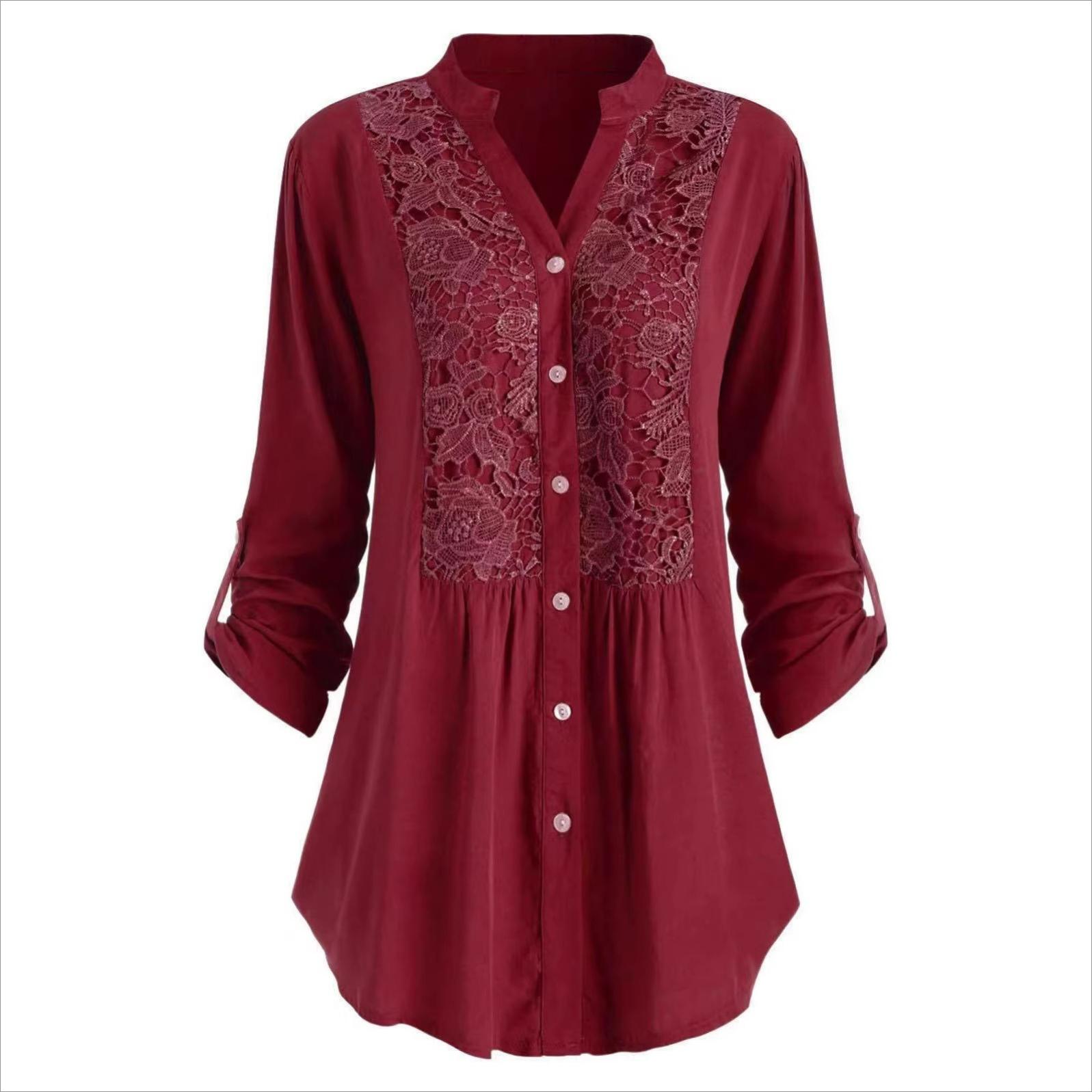

Commuter Style Fashion Loose Long-sleeved Shirt Women 5XL вина червоного кольору