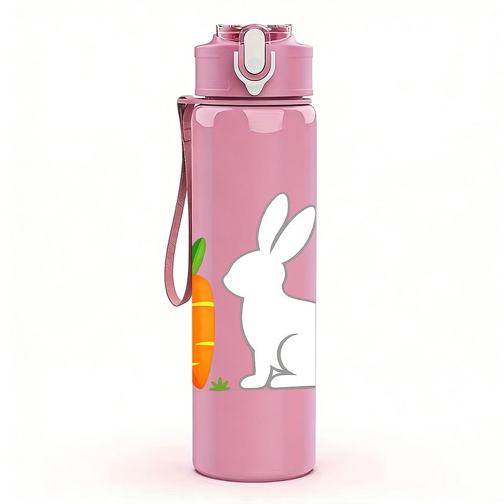 1PC Simple White Bunny Carrot 750ml Color Plastic Sports Water Bottle Leakproof Flip Straw Lid Suitable for Sports Office Home Use