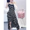 New early spring cold black floral suspender dress children's French temperament irregular long dress