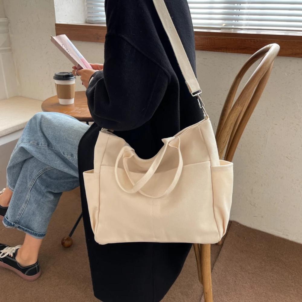 Ins Lazy Wind Canvas Big Bag,  Korean Version Of The Single Shoulder Crossbody Bag Female Simple Literary Solid Color